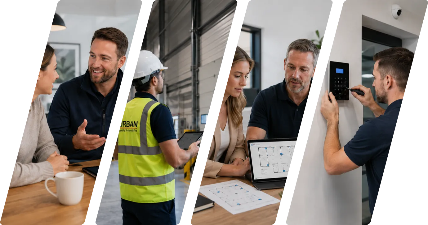 Urban Security Systems team guiding a customer from initial consultation and site survey through system planning to professional installation.