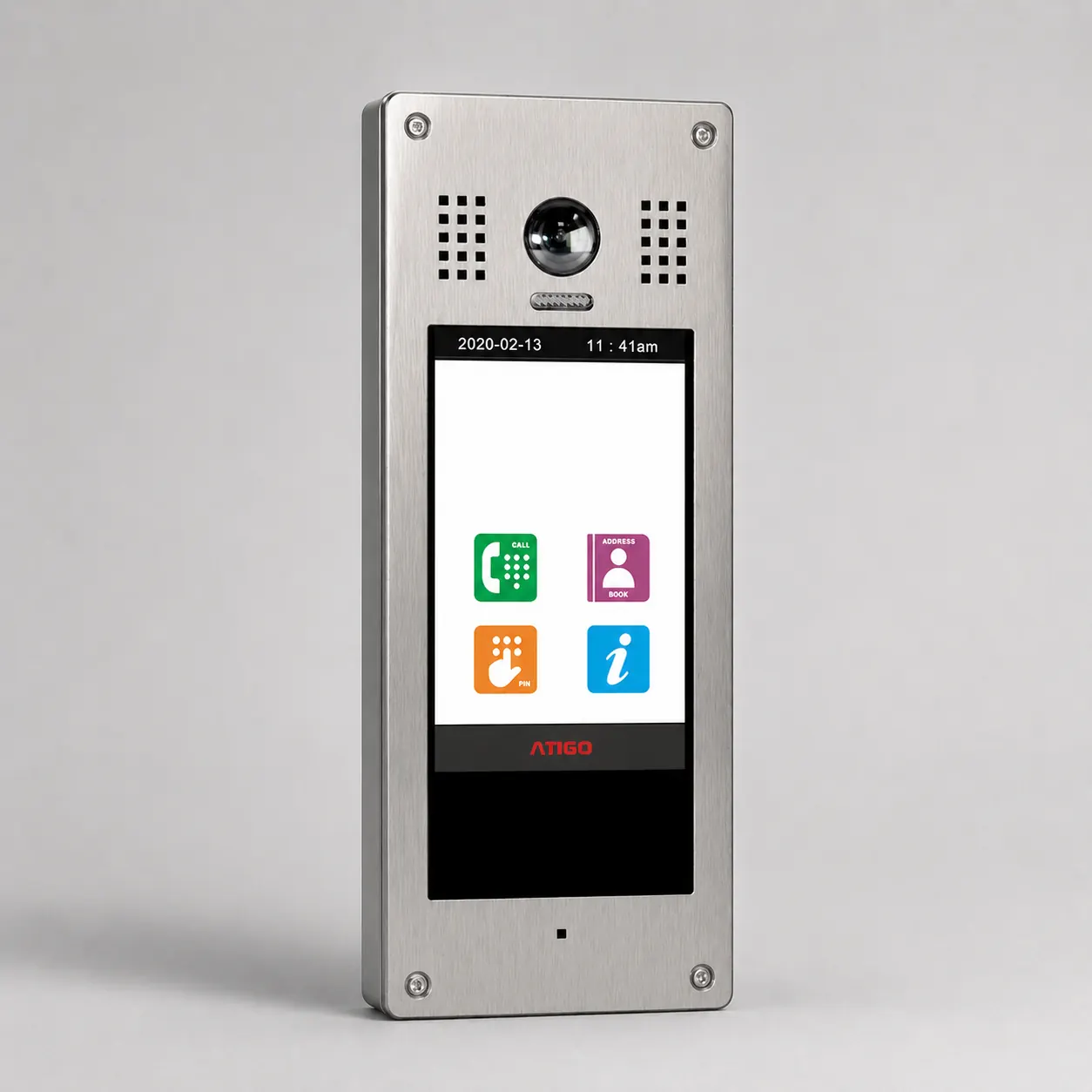 Door entry panel with camera, speaker grilles and touchscreen controls.