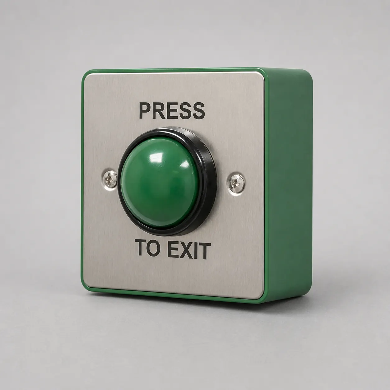 Green press-to-exit button for controlled door release.