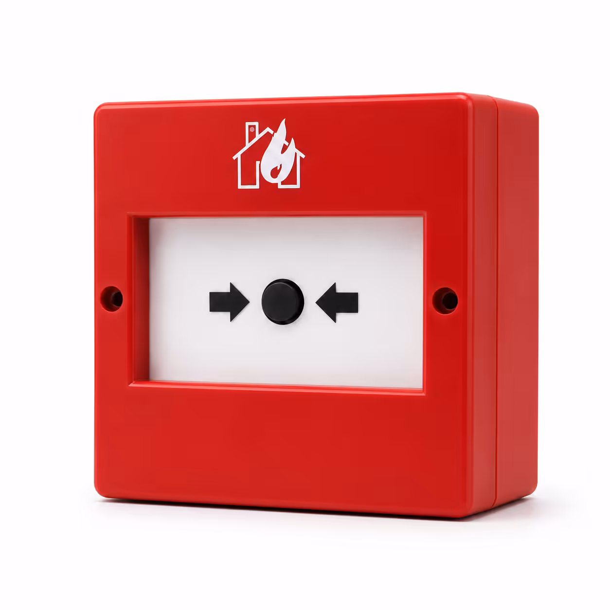 Red manual fire alarm call point with central push button, shown at an angle on a white background.