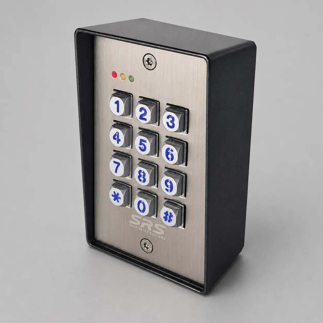 Keypad access unit with numbered buttons and indicator lights.