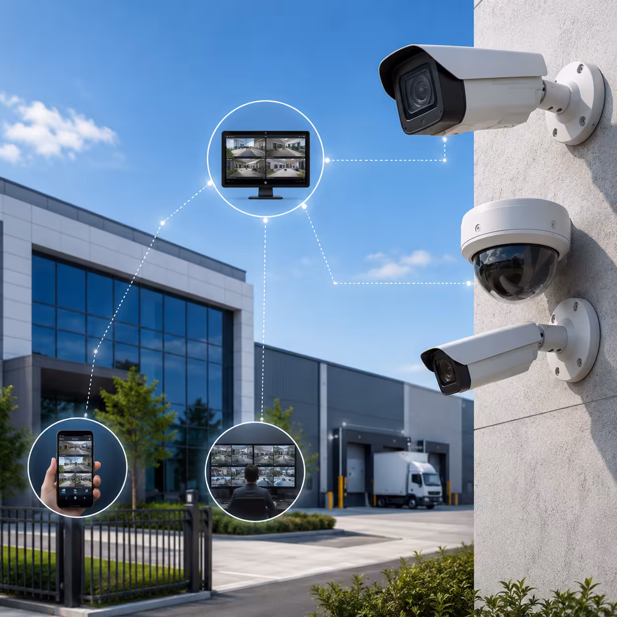 Multi-site CCTV installation at a modern commercial building, with several security cameras linked to central monitoring, mobile viewing and a control room.