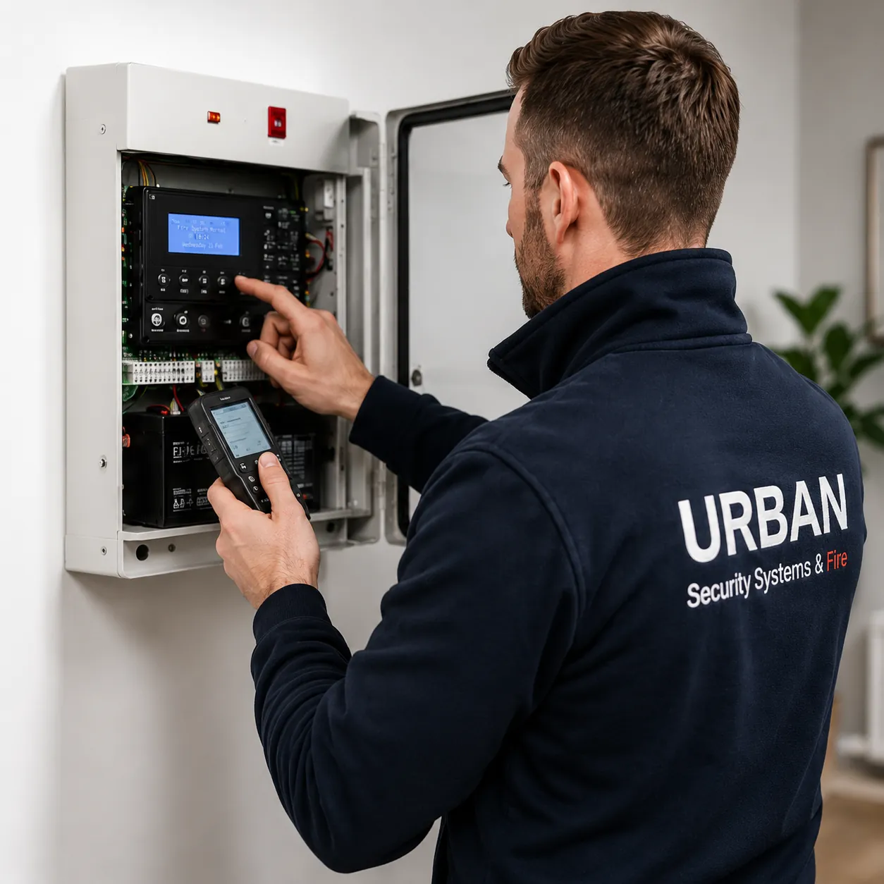 Urban Security Systems engineer testing and servicing a wall-mounted fire alarm control panel using a handheld diagnostic device.