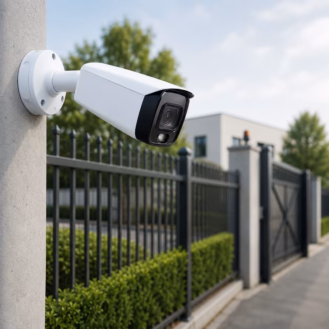 White CCTV camera monitoring the gated perimeter of a modern commercial property.