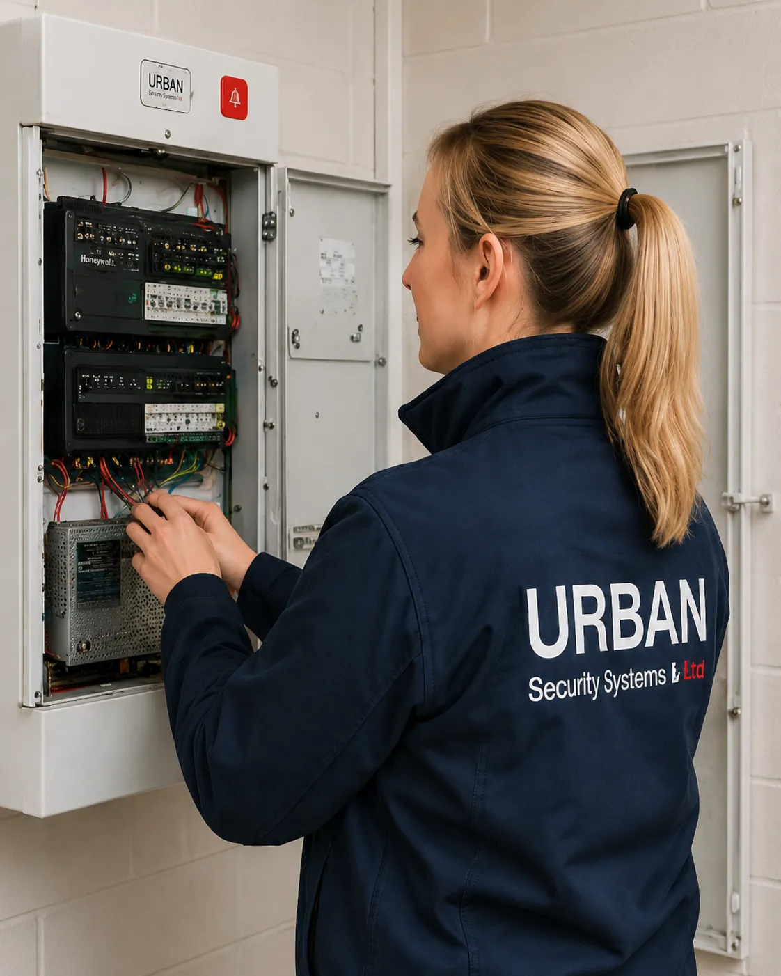 Technician working on security control panel