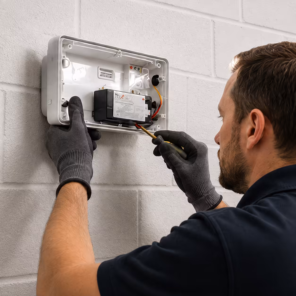 Engineer carrying out maintenance on an open emergency lighting unit mounted on a wall.
