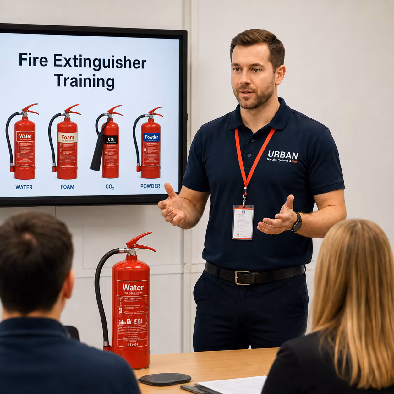 Urban Security Systems trainer giving a fire extinguisher training session to two staff members, with labelled extinguisher types shown on a screen and a water extinguisher on the table.