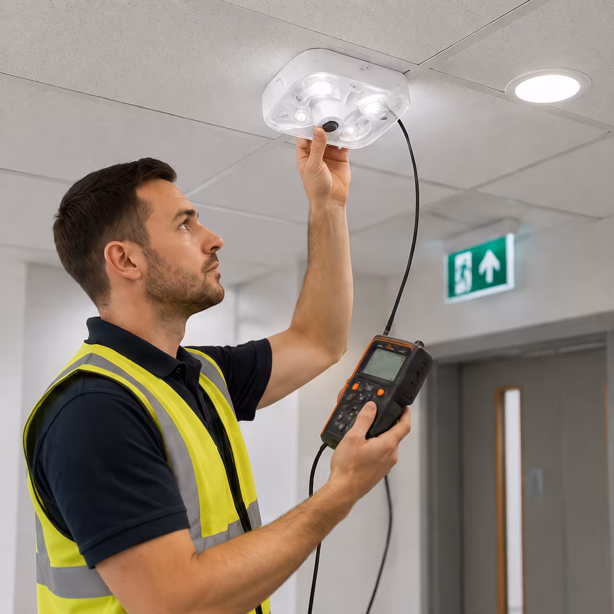 Engineer testing a ceiling-mounted emergency light using a handheld inspection device.