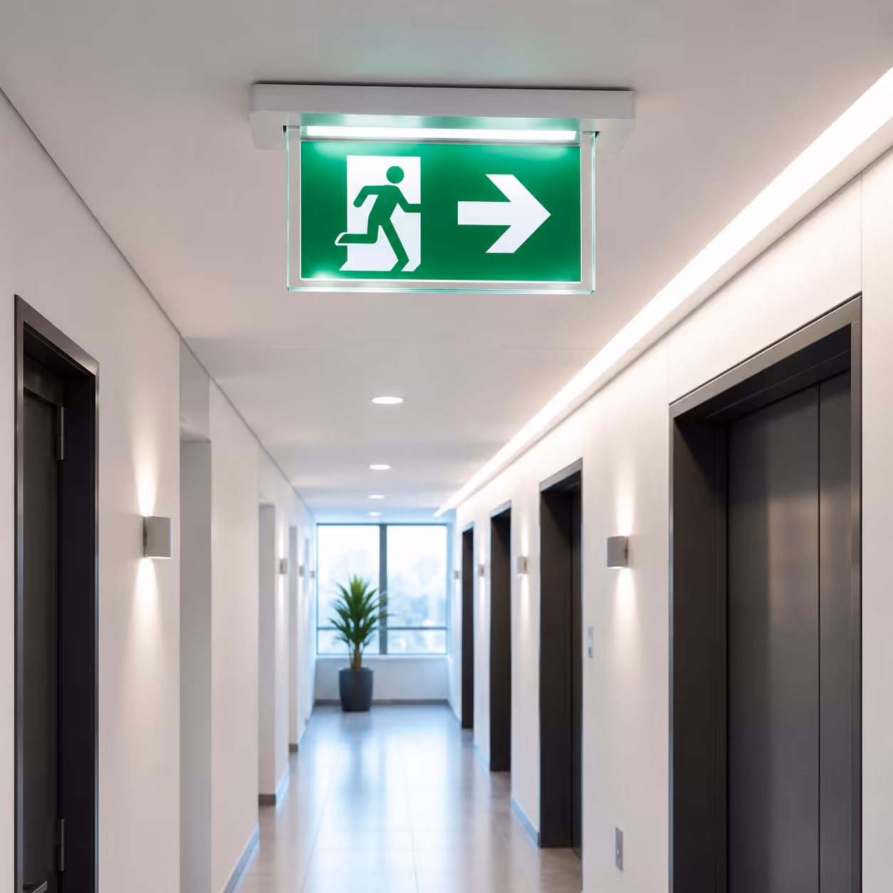 Modern corridor with an illuminated emergency exit sign showing the direction of escape.